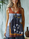 Cute Cat Patchwork Artistic Linen Blend Tank Top artswardrobe