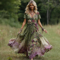 Women's Vintage Floral Embroidery Gradient Pattern V-neck Maxi Dress artswardrobe