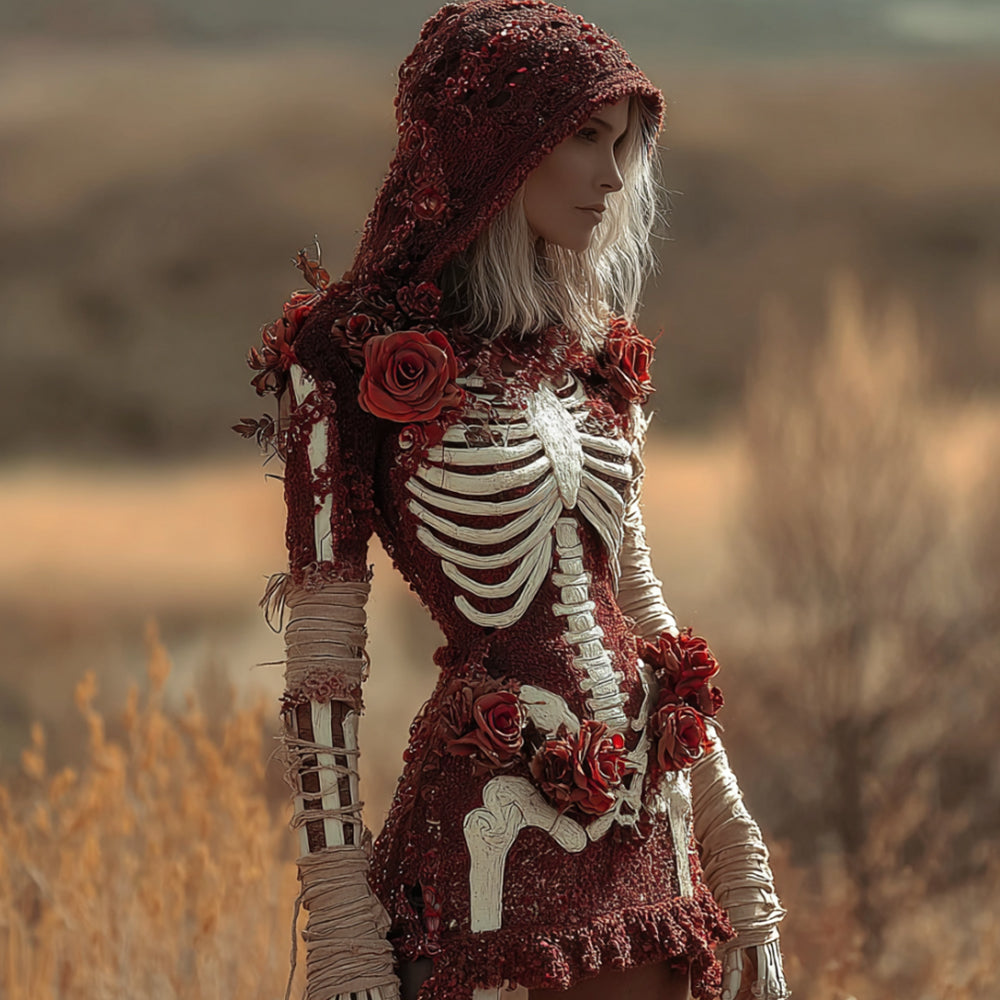 Comstylish Women's Halloween Skeleton And Crimson Rose Glitter Bandage Dress