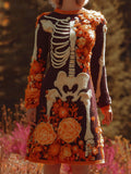 Comstylish Women's Halloween Warm Tone Skull Rose Embroidered Dress