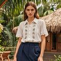 Elegant Lace Floral Embroidery Vintage Linen Blend Shirt artswardrobe