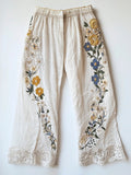 Floral Embroidery Lace Trimmed Women's Linen Pants artswardrobe