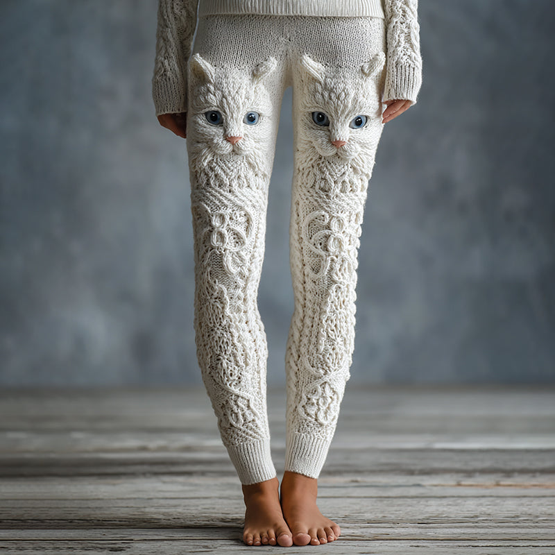 Women's Cute Cat Face Embroidered Cozy Knit Leggings