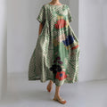 Comstylish Vintage Japanese Art Floral Print Short Sleeved Loose Midi Dress
