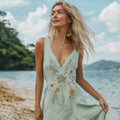 Women's Floral Embroidery Casual Linen Tank Dress artswardrobe