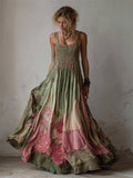 Pink Floral Embroidered Gradient Fiber Art Flowy Linen Maxi Dress artswardrobe
