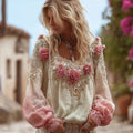 Comstylish Bohemian Style Sequined Flower Loose Vintage Long-sleeved Top