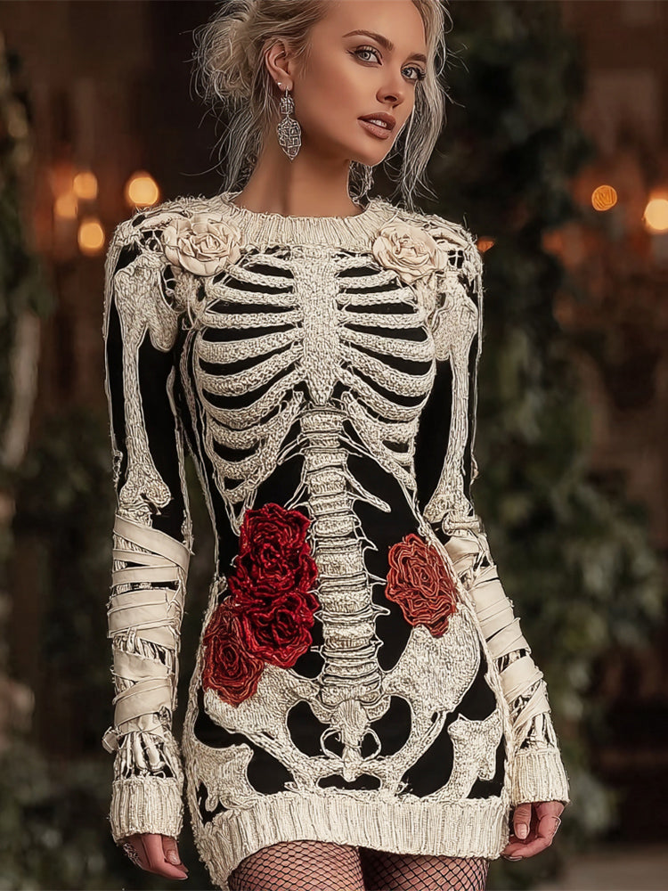 Comstylish Halloween Skeleton & Rose & Bandage Art Women's Crew Neck Knit Mini Dress