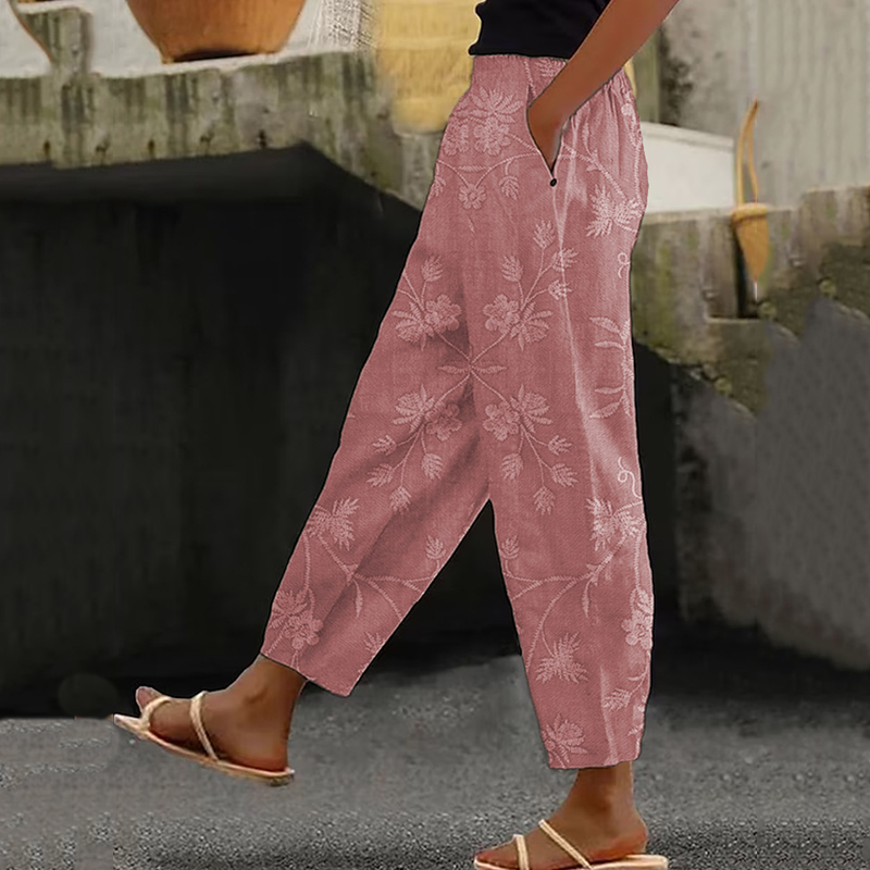 Women's Vintage Floral Art Linen Casual Pants artswardrobe