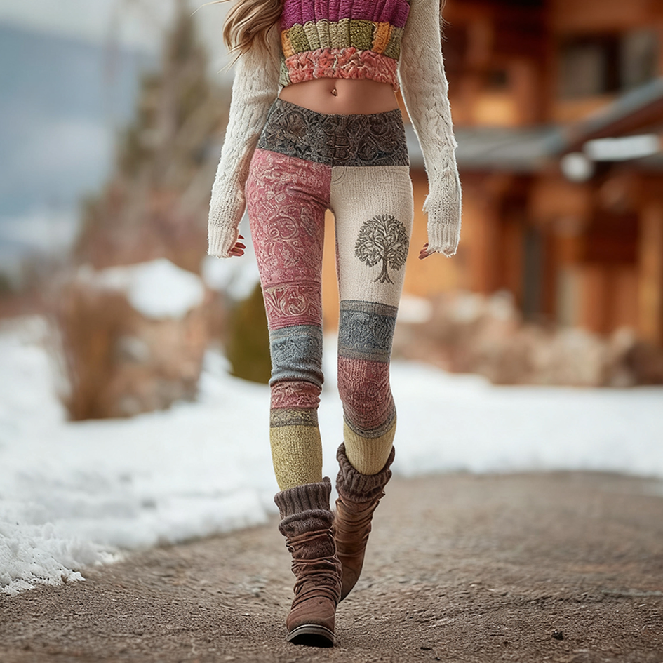 Comstylish Bohemian Color-blocked Retro Print Women's Knitted Tight-fitting Leggings
