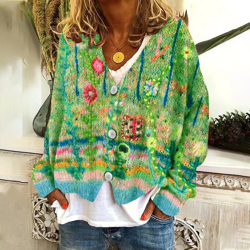 Vintage Floral Print V-Neck Long Sleeved Knitted Cardigan elevenforest