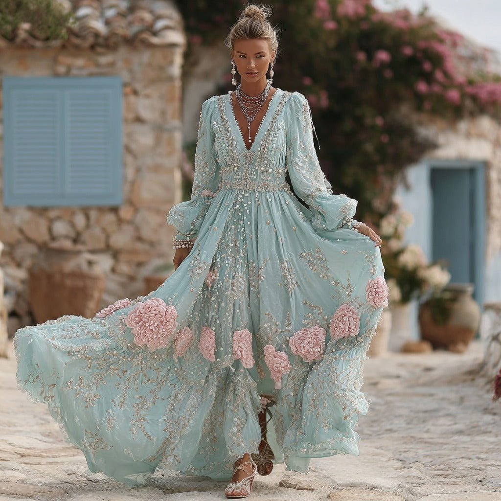 Women's Vintage Bohemian Floral Embroidered Casual Long Sleeve Dress