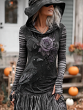 Comstylish Halloween Dark Crow Witch Design Women's Hooded Close-fitting Top