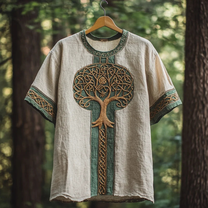 Men's Viking Tribal Tree Of Life With Celtic Art Linen T-shirt artswardrobe