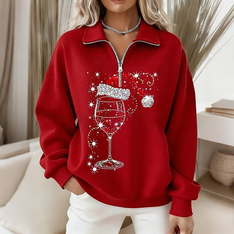 Comstylish Women's Christmas Wine Glass Print Zipper Sweatshirt