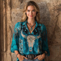 Comstylish Western Bull Skull Embroidered Floral Turquoise Linen Tunic