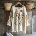 Vintage Floral Embroidery Art Graphics Linen Blend Tunic artswardrobe