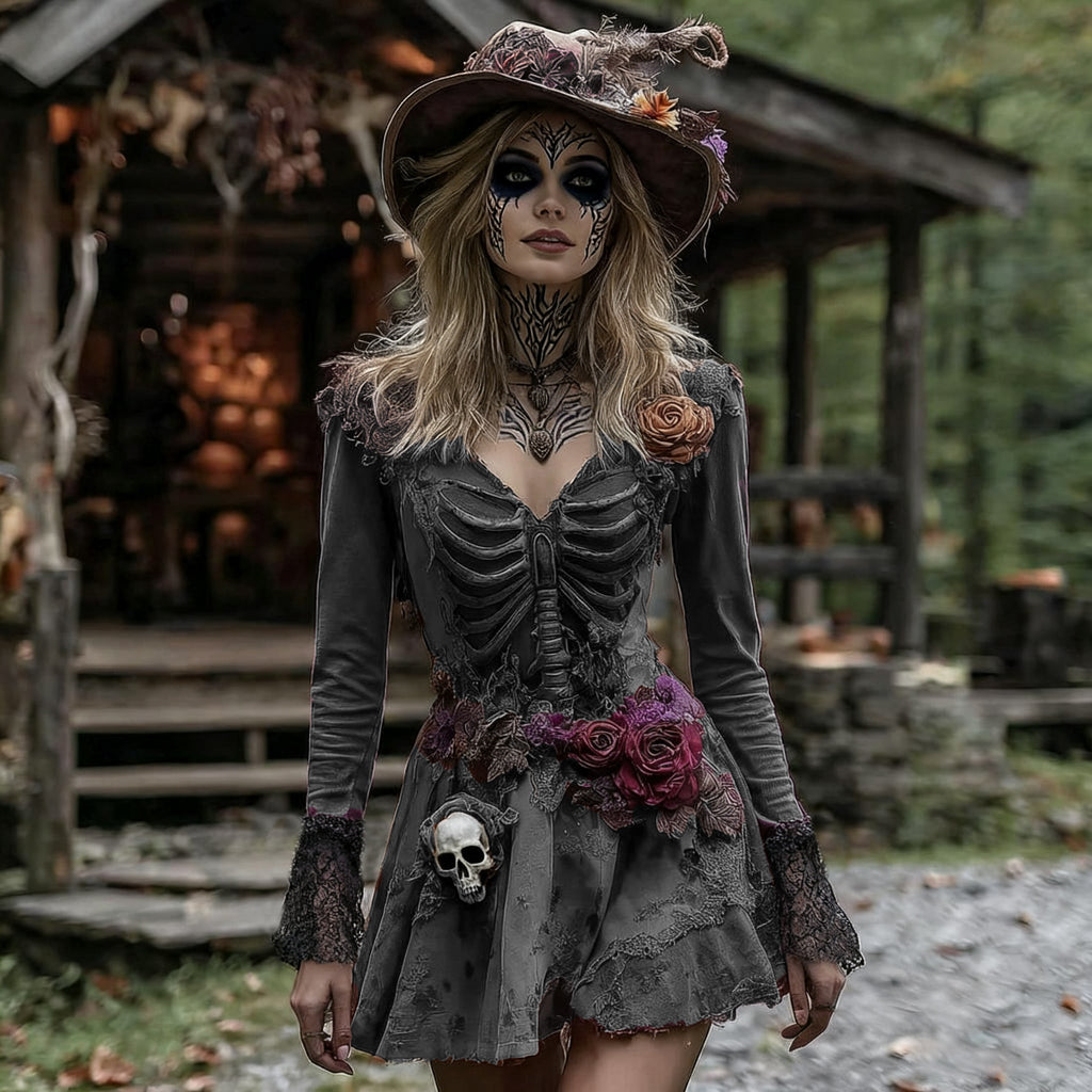 Comstylish Halloween Rose Skeleton Witch Cosplay Midi Dress