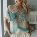 Vintage Marble Texture Collection Retro Bohemia Women Style Gradient Gilded Pattern Linen Round Neck T-shirt artswardrobe
