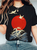 Comstylish Cranes & Sunrise Japanese Art Vintage Washed T Shirt