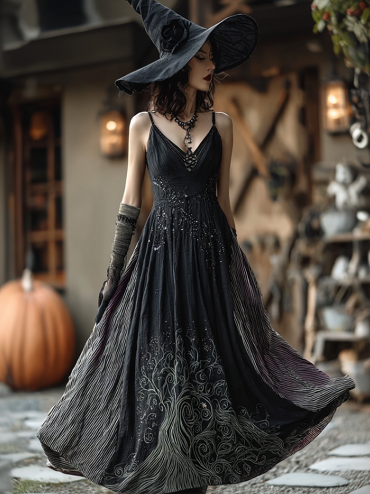 Comstylish Women's Dark Gothic Style Retro Cotton And Linen Dress
