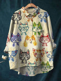 Colorful Crayon Hand-Painted Cat Print Cotton And Linen Shirt