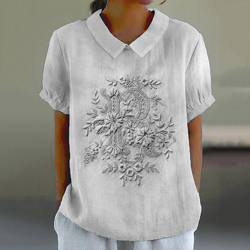 Comstylish Floral Embroidered Lace Print Short Sleeve Linen Blend Blouse