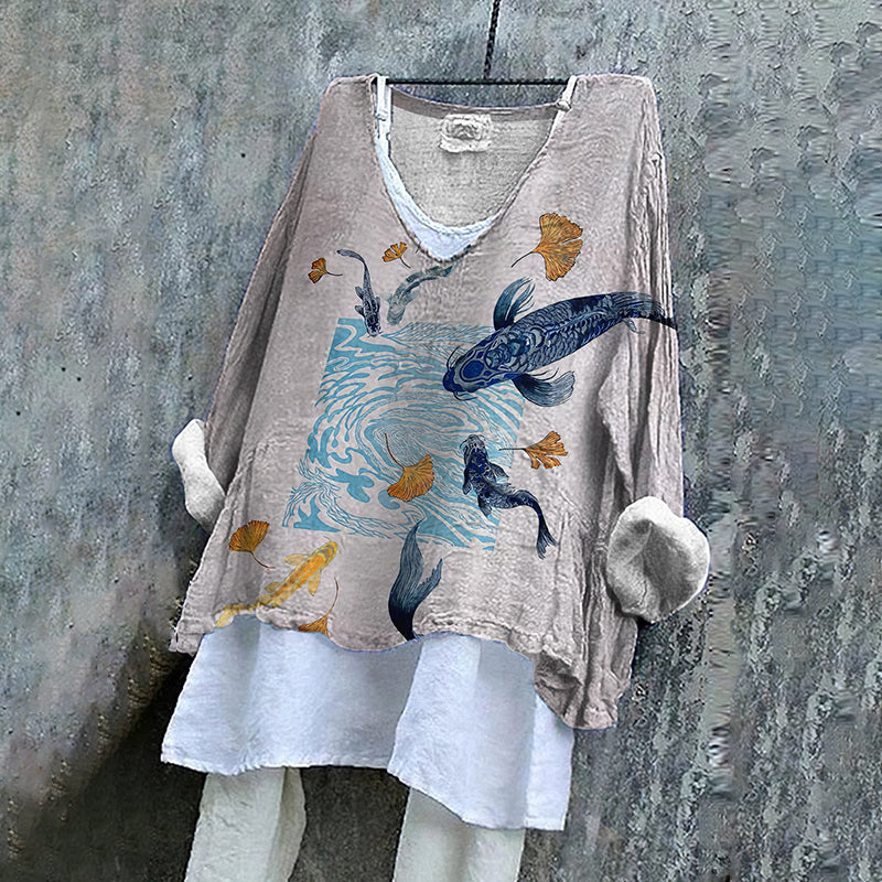 Marine Life Art Linen V-neck Shirt artswardrobe