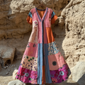 Women's Retro Floral Stitching Art Cotton And Linen Short Sleeve Dress artswardrobe