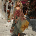 The Sunset Collection Vintage Rose And Floral Gradient Art Linen V Neck Maxi Dress artswardrobe