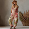 Love & Health Collection Retro Western Women Style Vintage Rose And Floral Patchwork Art Cotton Linen Jumpsuit artswardrobe