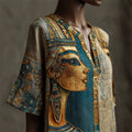 Ancient Egyptian Woman Face Floral Embroidered Contrast Linen Shirt artswardrobe