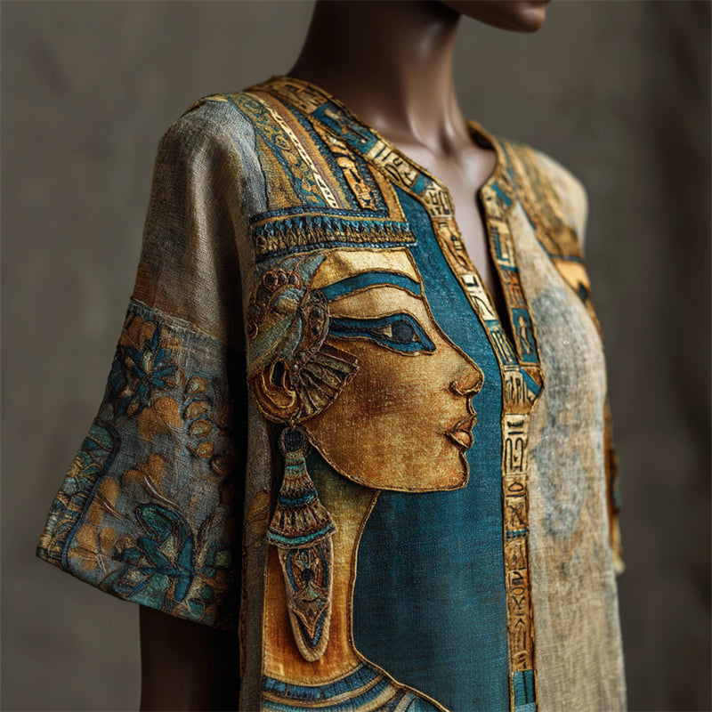Ancient Egyptian Woman Face Floral Embroidered Contrast Linen Shirt artswardrobe