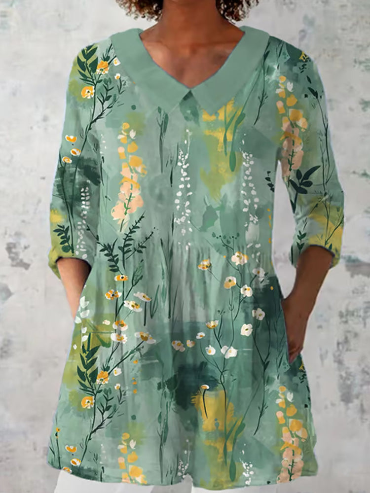 Comstylish Women's Artistic Floral Print Casual Lapel Shirt