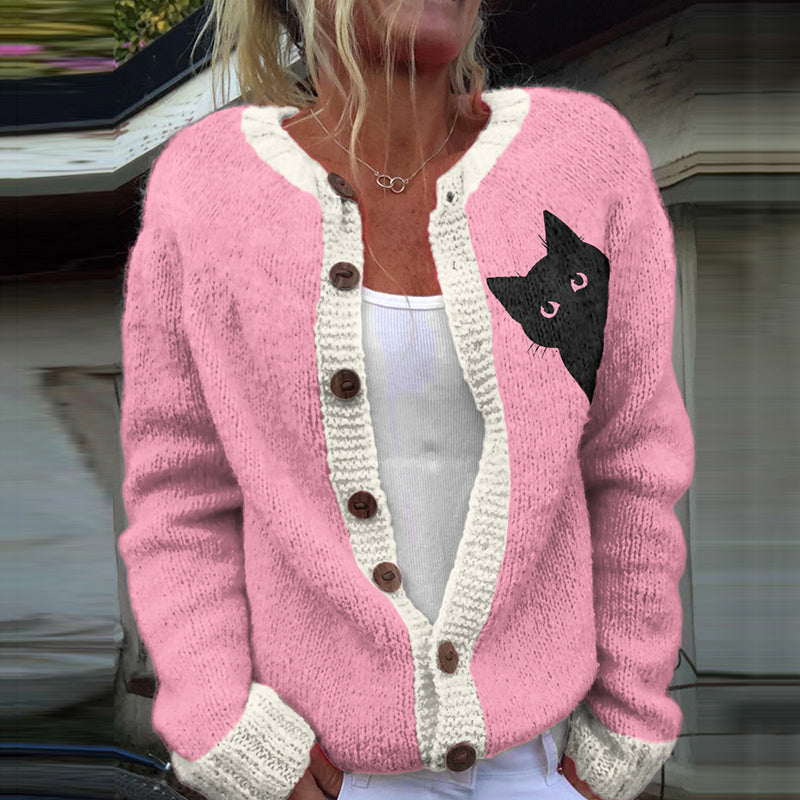 Comstylish Vintage Peek-A-Boo Hiding Black Cat Printed Comfortable Sweater Knit Cardigan