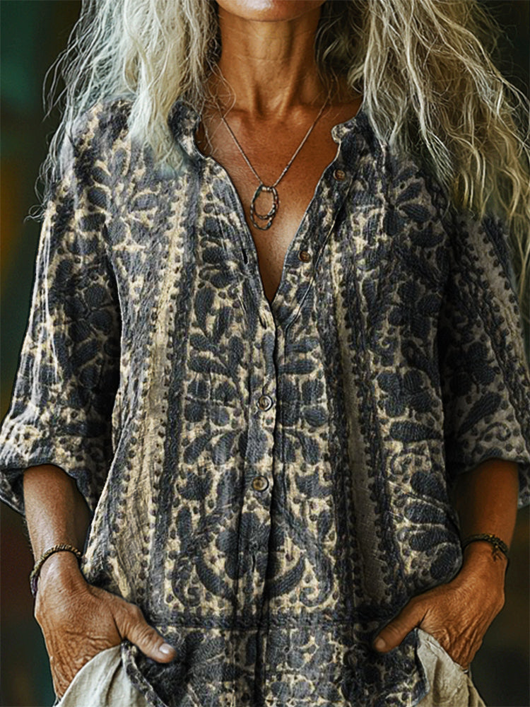 Women's Vintage Bohemian Floral Art Print Casual Cotton Linen Shirt