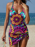Women's Floral Print Suspender Shirred Swimsuit Set