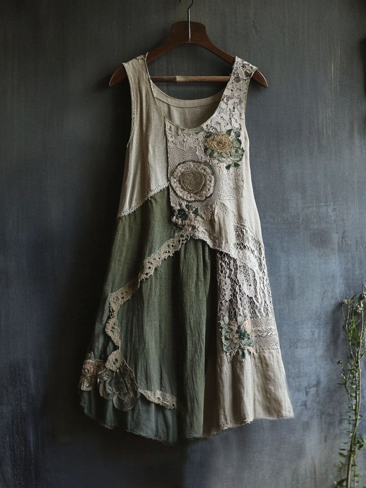Retro Floral Lace Patchwork Comfy Linen Tank Dress artswardrobe