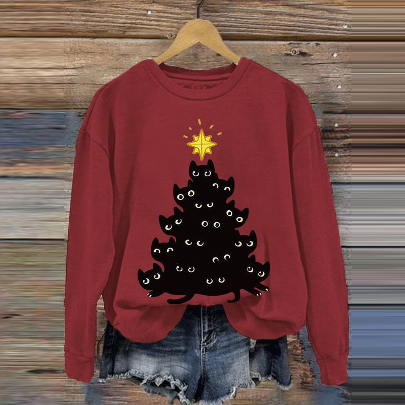 Christmas Tree Cat Print Crew Neck Sweatshirt elevenforest
