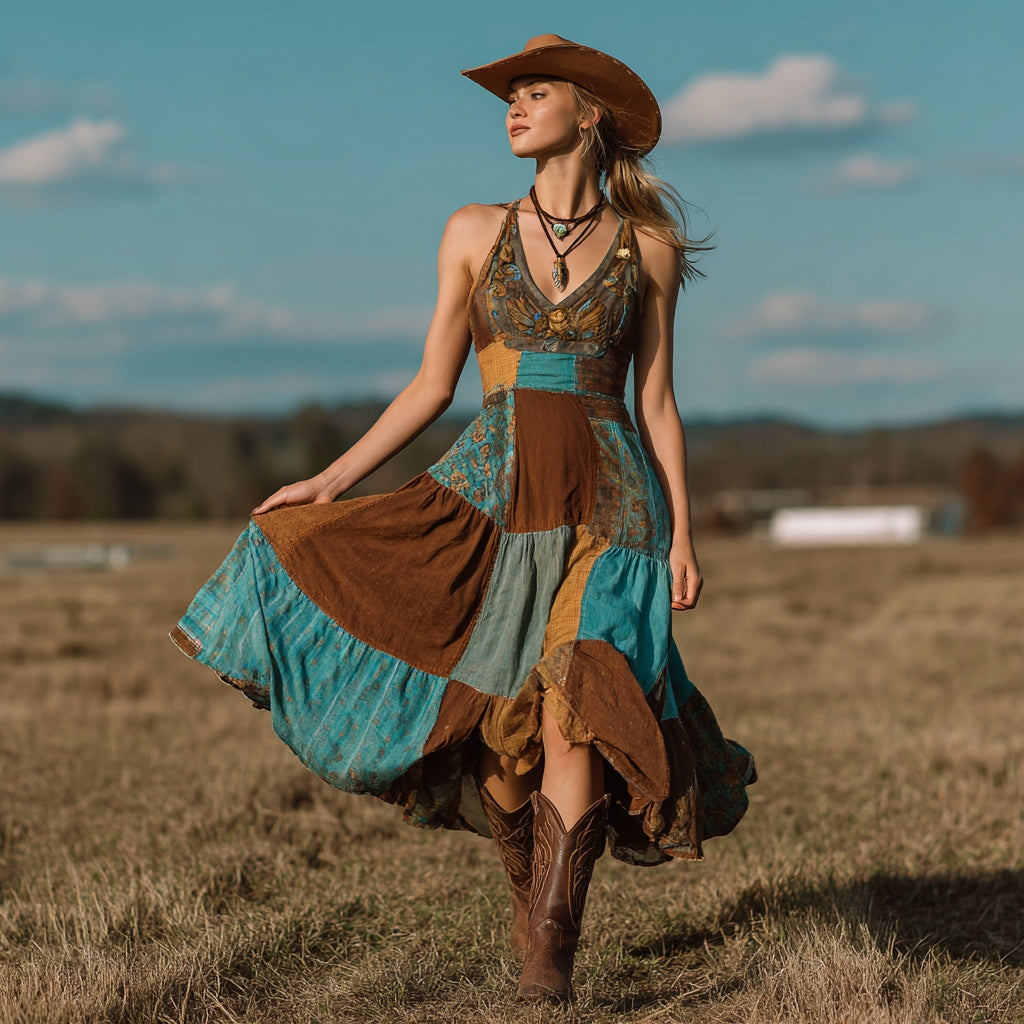 Vintage Western Style Patchwork V-neck Suspender Midi Dress artswardrobe