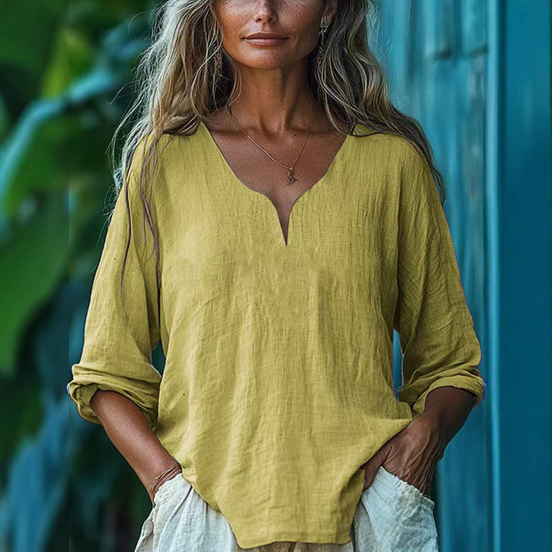 Comstylish Vintage Solid Color Long Sleeve Linen Blend Shirt