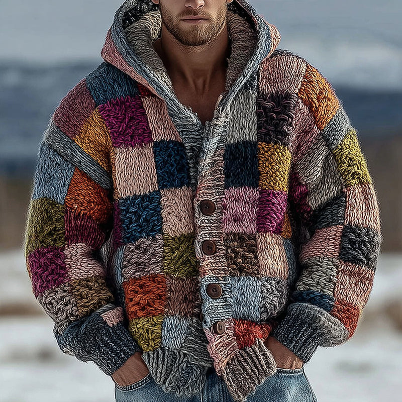 Men's Geometric Block Panel Contrast Knit Button Hooded Sweater artswardrobe