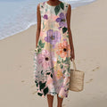 Women's Vintage Watercolor Floral Art Print Sleeveless Cotton Dress artswardrobe