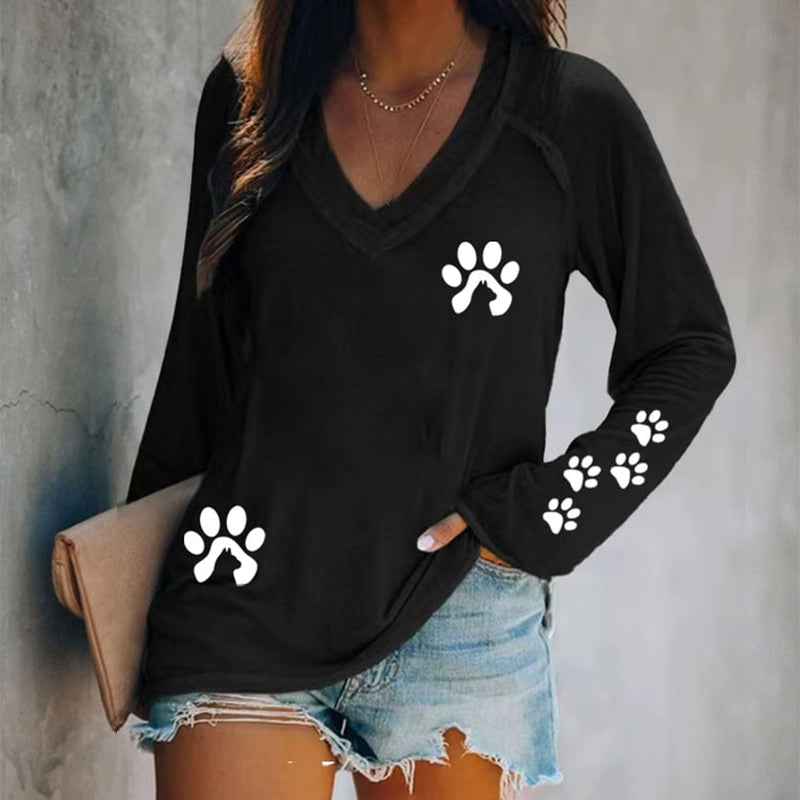 Comstylish Cute Paw Print V-Neck Long Sleeved Casual T-Shirt