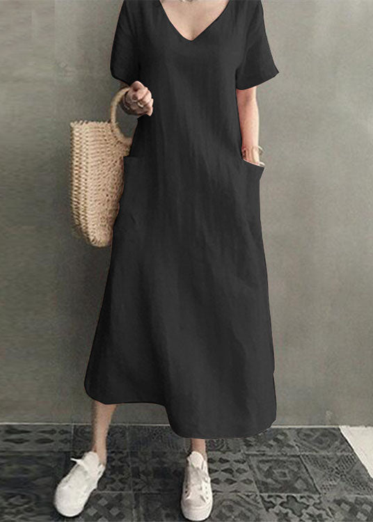 100% Cotton Short Sleeve V-neck Side Pocket Dress