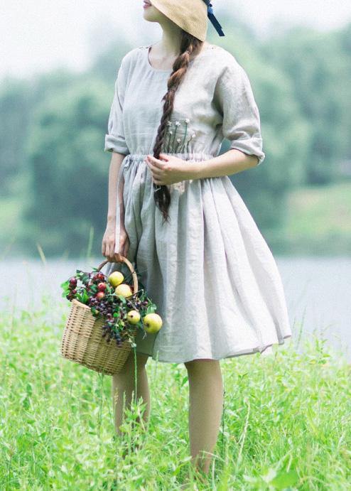 100% Gray Clothes O Neck Drawstring Traveling Dresses