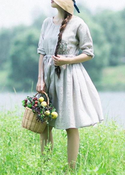 100% Gray Clothes O Neck Drawstring Traveling Dresses