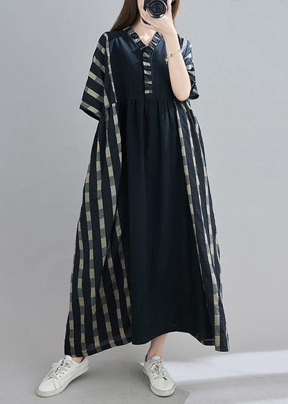 100% V Neck Patchwork Spring Clothes Sleeve Black Plaid Maxi Dress