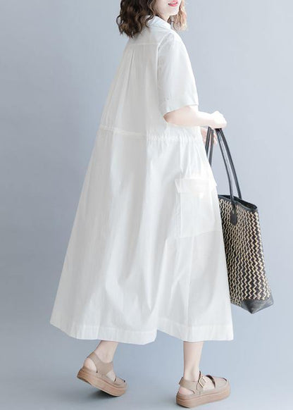 100% White Cotton Tunic Drawstring Long Summer Dress