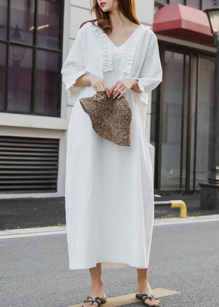 White Cotton Dress Long Ruffles Traveling Dresses